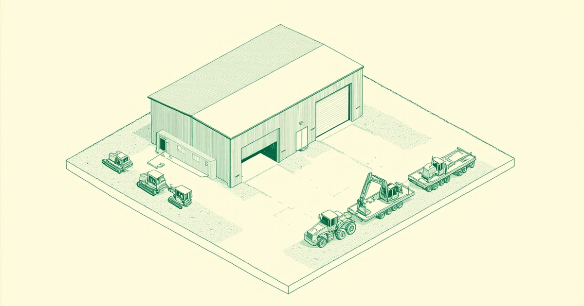 Isometric line drawing of an equipment dealership: a metal service building, parked tracked loaders, and a flatbed truck hauling a newly sold excavator off the lot.