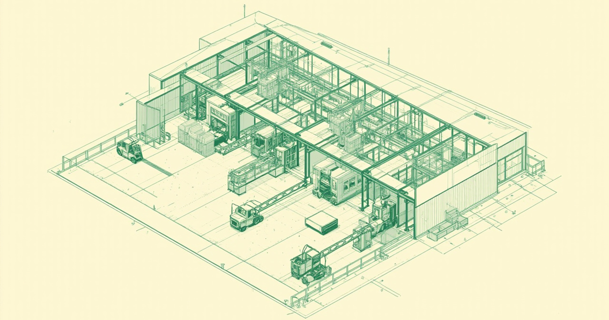 Isometric line drawing of a factory under construction, its open steel roof frame showing production lines and machine cells inside, with forklifts moving crated equipment across the yard.